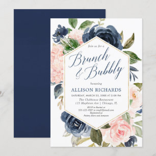 Blush pink navy blue brunch bubbly bridal shower invitation