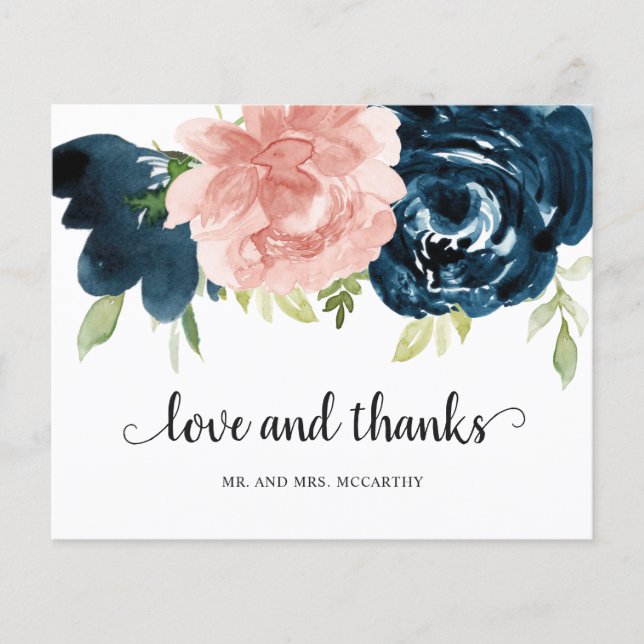 Blush Pink Navy Blue Budget Wedding Thank You Card (Front)