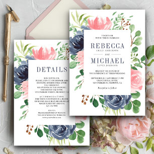 Blush Pink Navy Blue Floral All in One Wedding Invitation