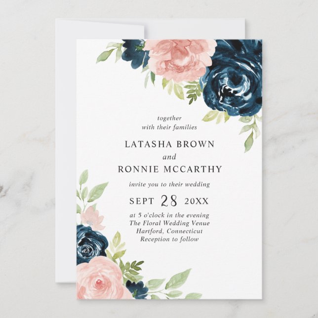 Blush Pink Navy Blue Floral All In One Wedding Invitation (Front)