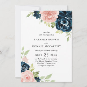 Blush Pink Navy Blue Floral All In One Wedding Invitation