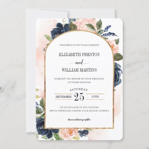 Blush Pink Navy Blue Floral Arch Frame Wedding Invitation