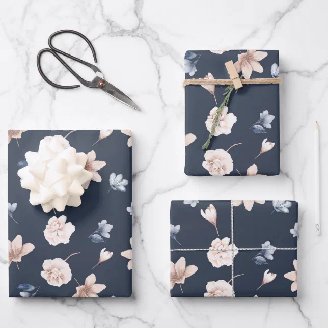 Blush Pink Navy Blue Floral Birthday Baby Shower Wrapping Paper Sheets ...