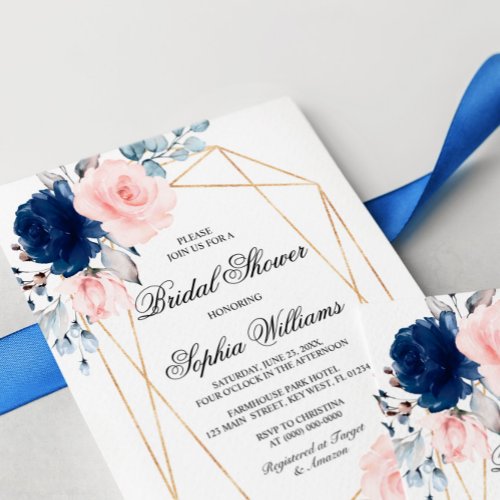 Blush Pink  Navy Blue Floral Bridal Shower Invitation