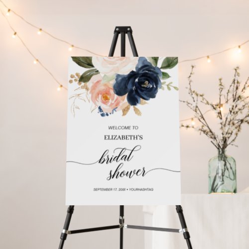 Blush Pink Navy Blue Floral Bridal Shower Welcome Foam Board