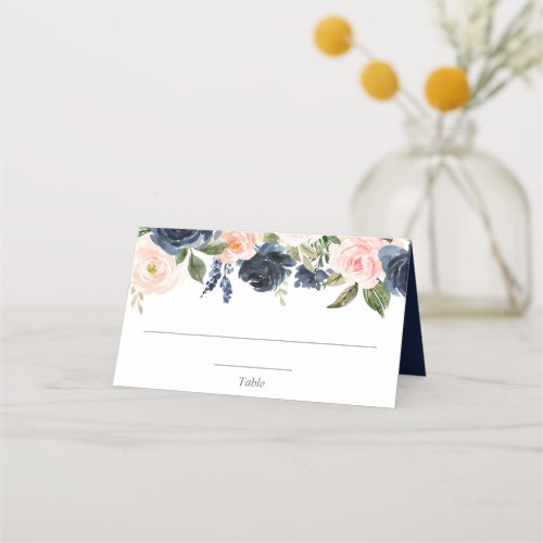 Blush pink navy blue floral elegant place card