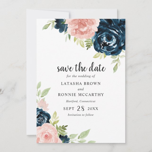 Blush Pink Navy Blue Floral Elegant Wedding Save The Date (Front)