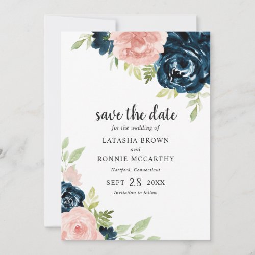 Blush Pink Navy Blue Floral Elegant Wedding Save The Date