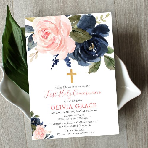 Blush pink navy blue floral first holy communion invitation