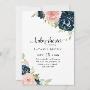 Blush Pink Navy Blue Floral Girl Baby Shower Invitation