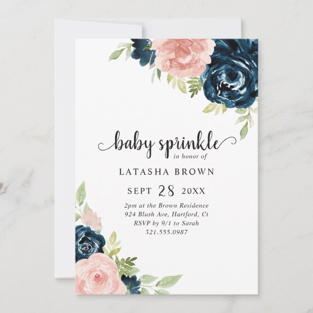 Blush Pink Navy Blue Floral Girl Baby Sprinkle Invitation (Front)