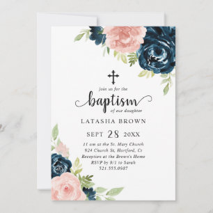 Blush Pink Navy Blue Floral Girl Baptism Invitation