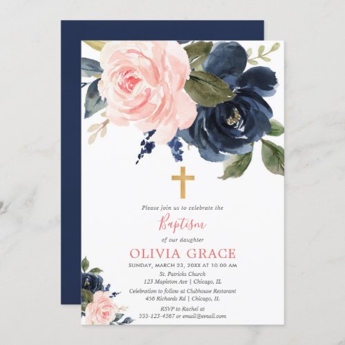 Blush pink navy blue floral girl baptism invitation