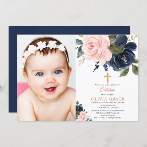 Blush pink navy blue floral girl baptism photo invitation