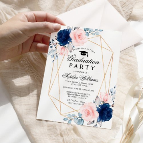 Blush Pink  Navy Blue Floral Graduation Party Invitation