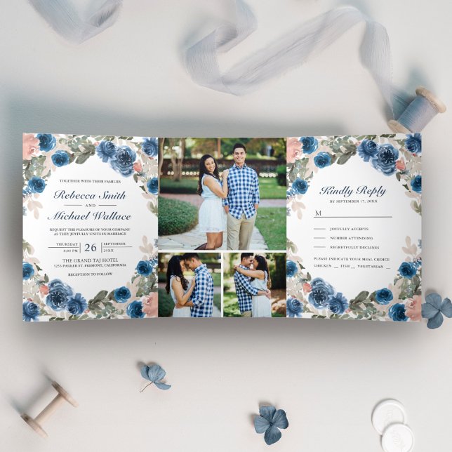 Blush Pink Navy Blue Floral Photo Collage Wedding Tri-Fold Invitation (Creator Uploaded)