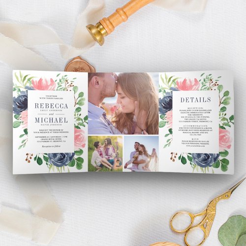 Blush Pink Navy Blue Floral Photo Collage Wedding Tri_Fold Invitation