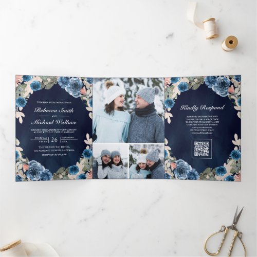Blush Pink Navy Blue Floral Photo  QR Code Wedding Tri-Fold Invitation