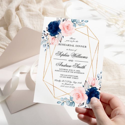 Blush Pink  Navy Blue Floral Rehearsal Dinner Invitation