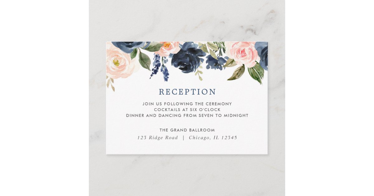 Blush pink navy blue floral roses reception enclosure card | Zazzle