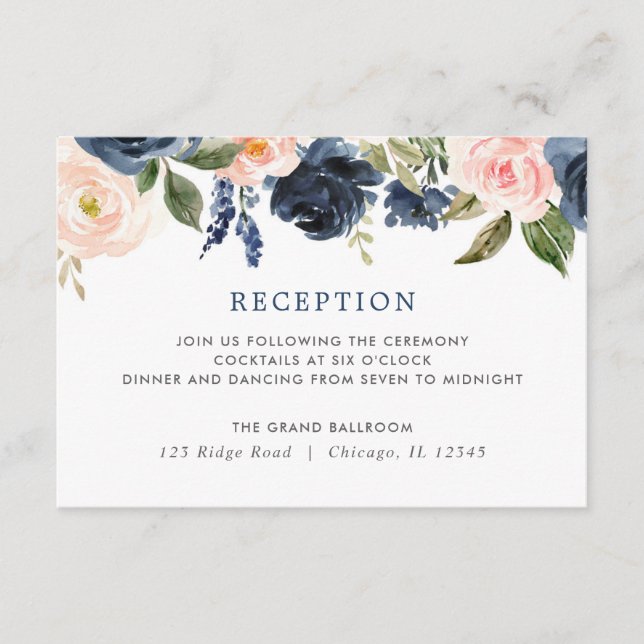 Blush pink navy blue floral roses reception enclosure card (Front)
