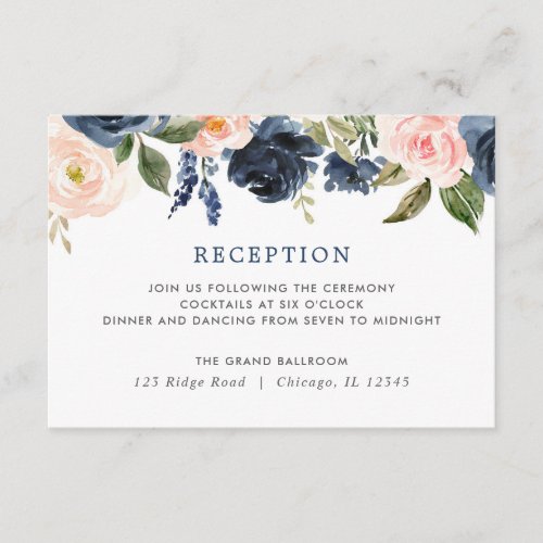 Blush pink navy blue floral roses reception enclosure card