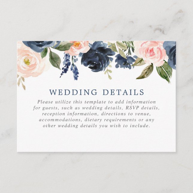 Blush pink navy blue floral roses wedding details enclosure card (Front)