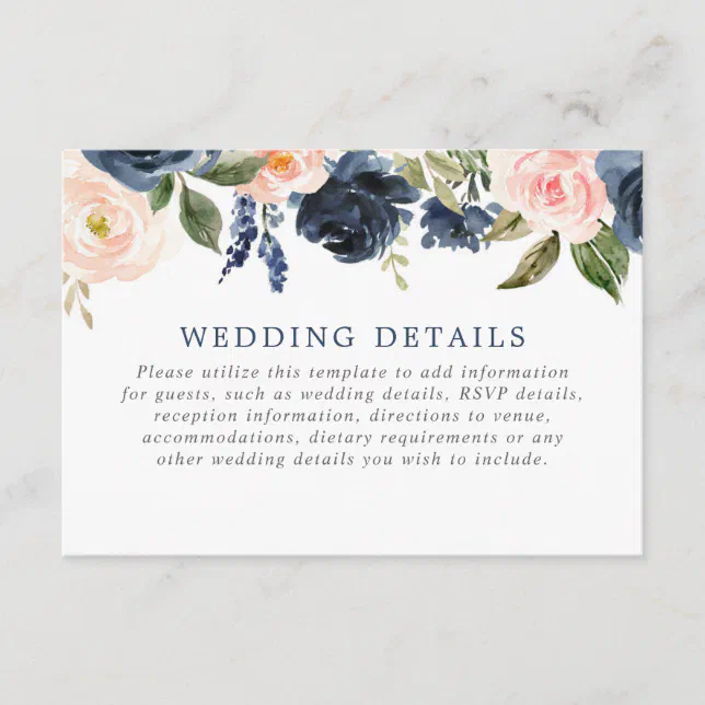 Blush pink navy blue floral roses wedding details enclosure card | Zazzle