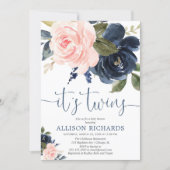 Blush pink navy blue floral Twins baby shower Invitation (Front)