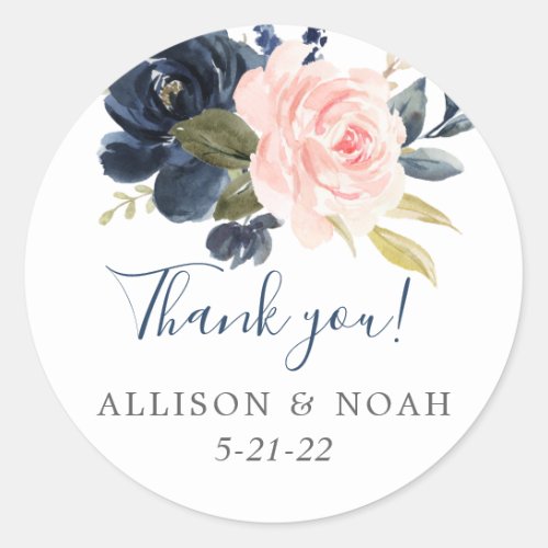 Blush pink navy blue floral watercolor roses favor classic round sticker