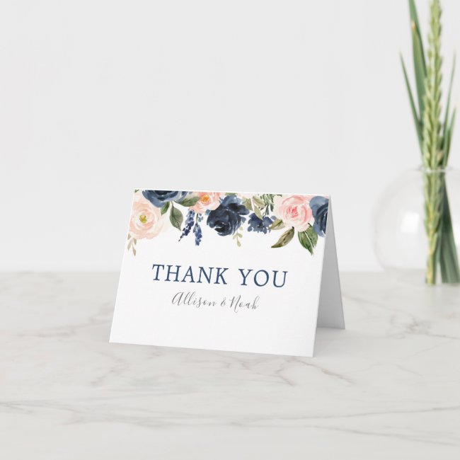 Blush pink navy blue floral watercolors thank you card