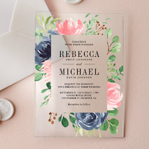 Blush Pink Navy Blue Floral Wedding Acrylic Invitations