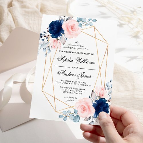 Blush Pink  Navy Blue Floral Wedding Invitation