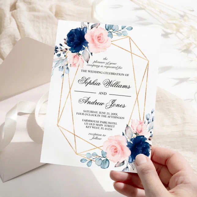Blush Pink & Navy Blue Floral Wedding Invitation | Zazzle