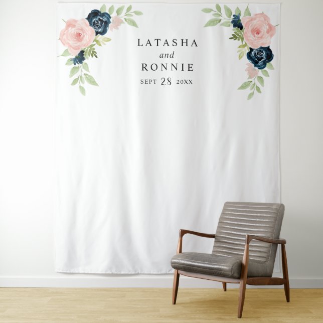 Blush Pink Navy Blue Floral Wedding Photo Backdrop (In Situ)