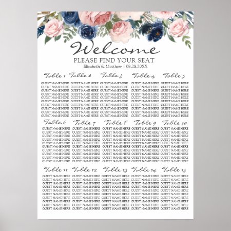 Blush Pink Navy Blue Floral Wedding Seating Chart