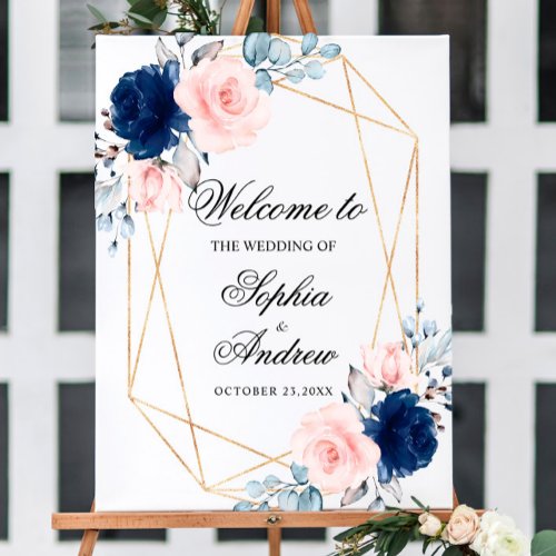 Blush Pink  Navy Blue Floral Wedding Welcome Sign