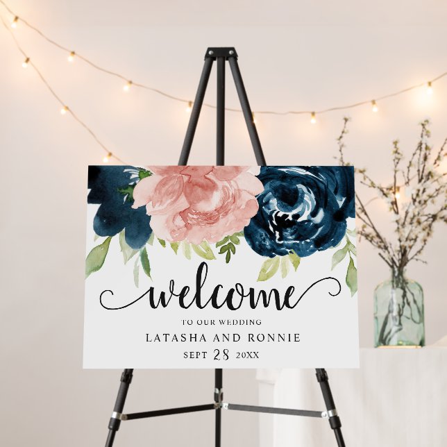 Blush Pink Navy Blue Floral Wedding Welcome Sign (In Situ (Stand))