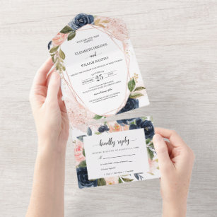 Blush Pink Navy Blue Floral Wedding with RSVP All In One Invitation