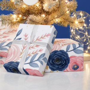 Blush Pink & Navy Blue Floral Wrapping Paper