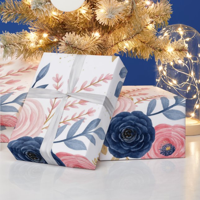 Blush Pink & Navy Blue Floral  Wrapping Paper (Holidays)