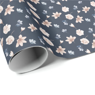 Blush Pink Navy Blue Floral Wrapping Paper