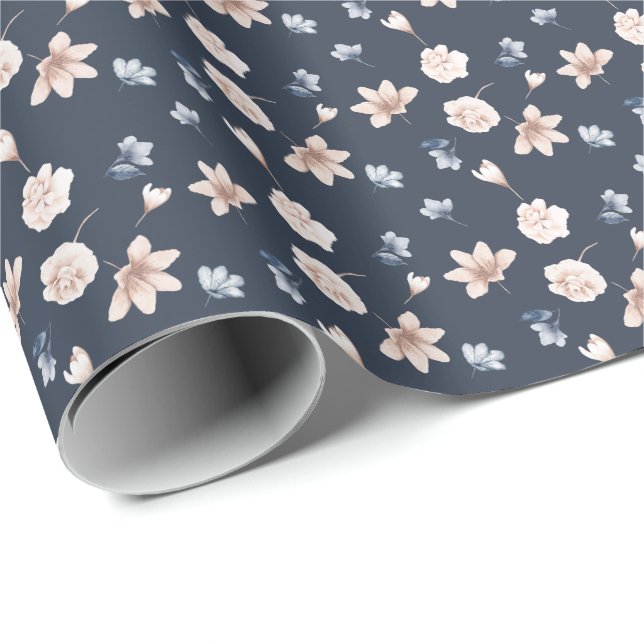 Blush Pink Navy Blue Floral  Wrapping Paper (Roll Corner)