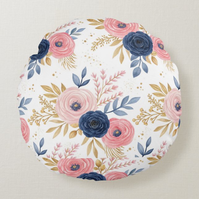 Blush Pink & Navy Blue Floral  Wrapping Paper Round Pillow (Front)