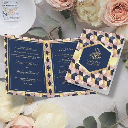 Blush Pink Navy Blue Geometric Muslim Wedding Invitation
