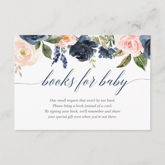 Blush pink navy blue girl baby shower book request enclosure card (Front)