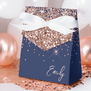 Blush Pink Navy Blue Glitter Monogram Name Favor Boxes