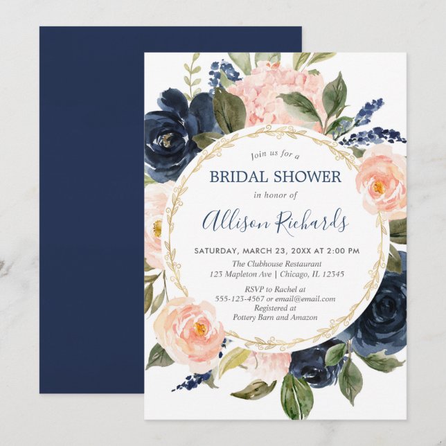 Blush pink navy blue gold elegant bridal shower invitation (Front/Back)