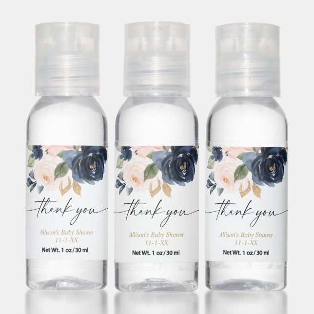 Blush pink navy blue gold floral baby shower hand sanitizer (Set)