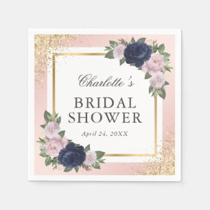 Blush Pink Navy Blue Gold Floral Bridal Shower Napkins
